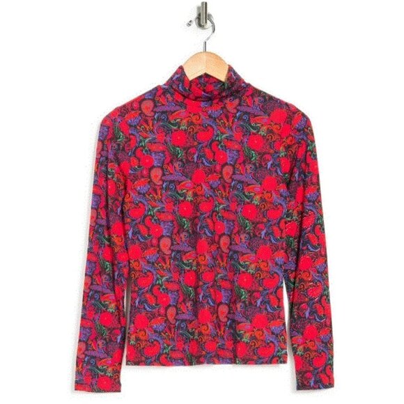 By Design Womens Red Floral Turtleneck Jersey Knit Long Sleeve Top Sz L New - Picture 8 of 9